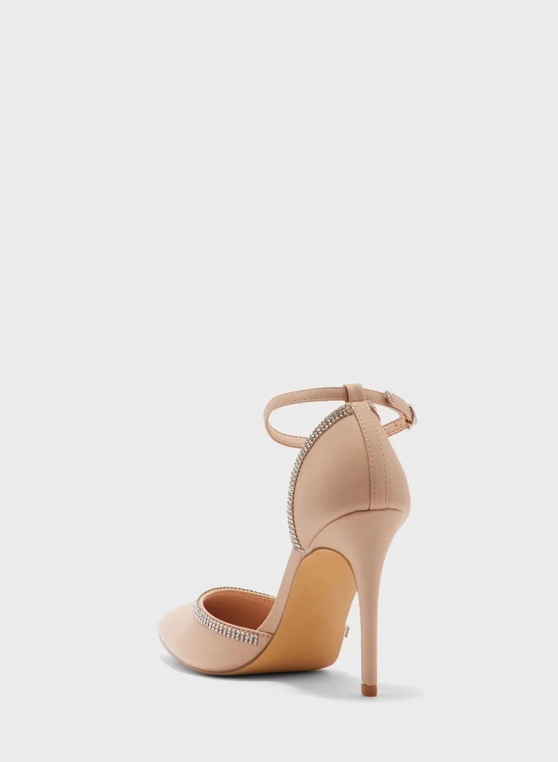 Truffle Shiny Diamante Trim Pointed Pump