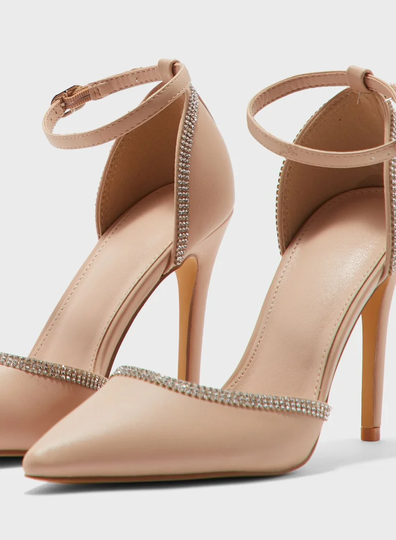Truffle Shiny Diamante Trim Pointed Pump