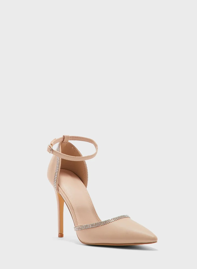 Truffle Shiny Diamante Trim Pointed Pump