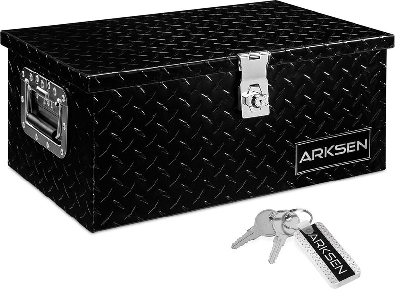ARKSEN 20 x 12 x 10 Inch Diamond Plate Truck Bed Tool Box, Heavy Duty Waterproof Aluminum Toolboxes Storage Chest with Side Handle & Lock for Pickup Truck Bed, RV & Trailer – Black - Image 1