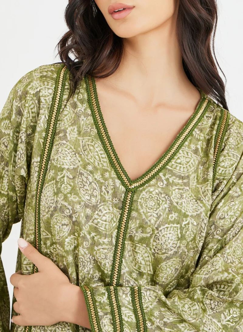 Styli Amirah All-Over Printed V Neck Jalabiya with Lace Trim