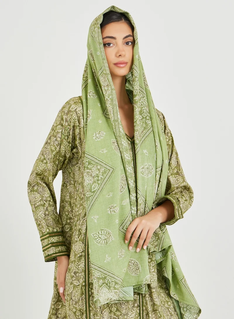 Styli Amirah All-Over Printed V Neck Jalabiya with Lace Trim