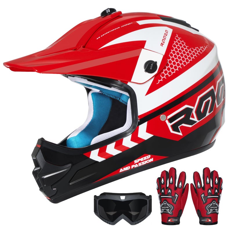 ROOZO Youth Kids Dirt Bike Helmet DOT Certified - Full Face Motorcycle Helmet for Off-Road, ATV, Street Riding, Includes Adjustable Goggles & Protective Gloves - Image 1