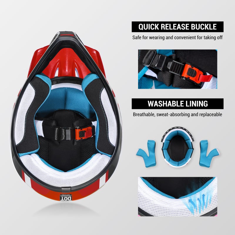 ROOZO Youth Kids Dirt Bike Helmet DOT Certified - Full Face Motorcycle Helmet for Off-Road, ATV, Street Riding, Includes Adjustable Goggles & Protective Gloves - Image 2