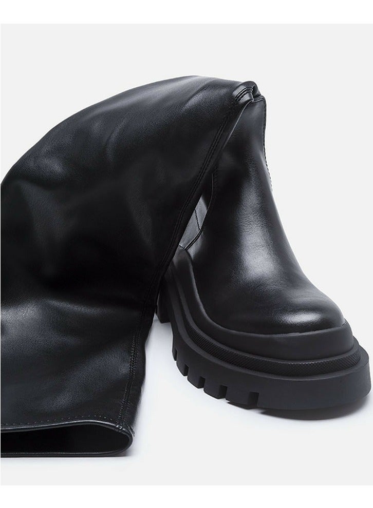 Loquat Womens Platform Thick Soled Round Toe Knee High Chunky Heel Boots Black  - Image 4