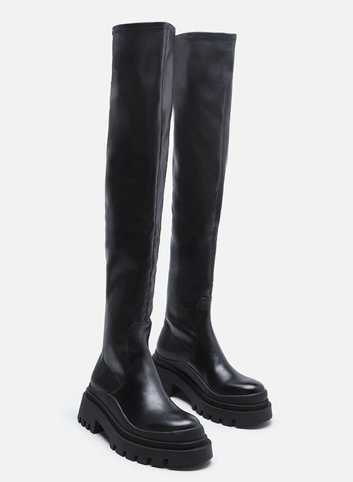 Loquat Womens Platform Thick Soled Round Toe Knee High Chunky Heel Boots Black  - Image 2