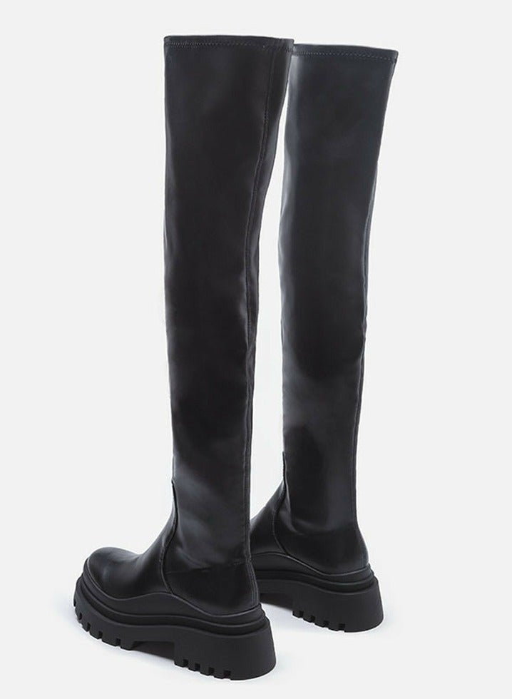 Loquat Womens Platform Thick Soled Round Toe Knee High Chunky Heel Boots Black  - Image 3