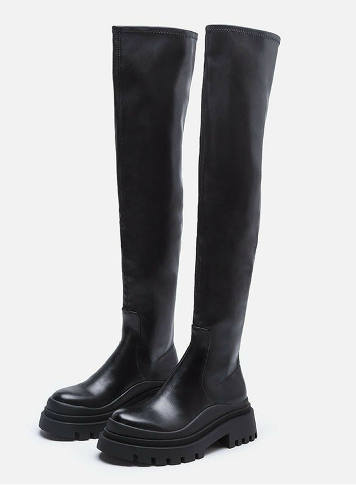 Loquat Womens Platform Thick Soled Round Toe Knee High Chunky Heel Boots Black  - Image 1