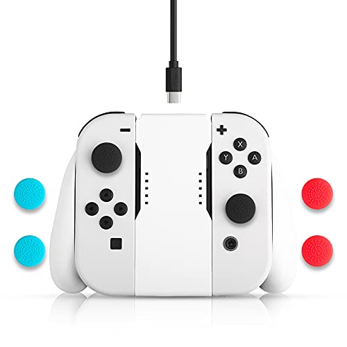 FANPL Charging Controller for Nintendo Switch & Switch OLED Joy-Cons, Game Accessories with Charge Indicator, Handle Grip with 1 m/3.3 Ft USB Type-C Data Cable, 6 Thumb Grip Caps (White) - Image 1