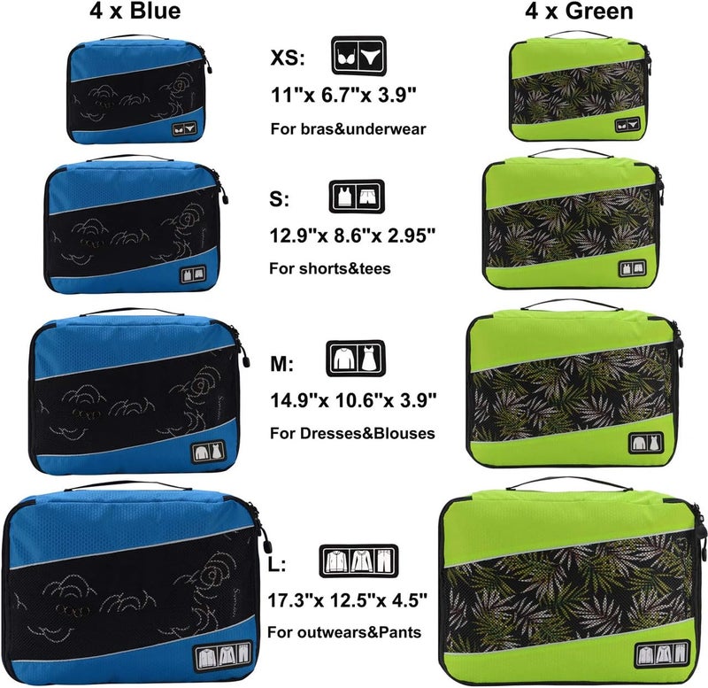 Idesort 8 Set Packing Cubes, Travel Luggage Bags Organizers Mixed Color Set (Blue Green) - Image 2