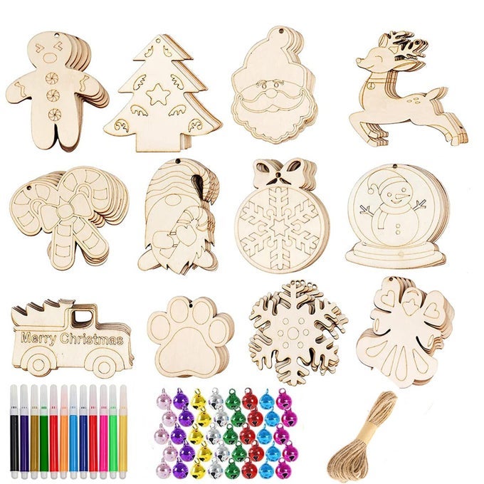 36PCS CHRISTMAS WOODEN ORNAMENTS SET WITH HOLES UNFINISHED SLICES TWINE COLORFUL BELLS WATERCOLOR PENS FOR KIDS DIY CRAFTS HANGING DECORATION XMAS GIFT