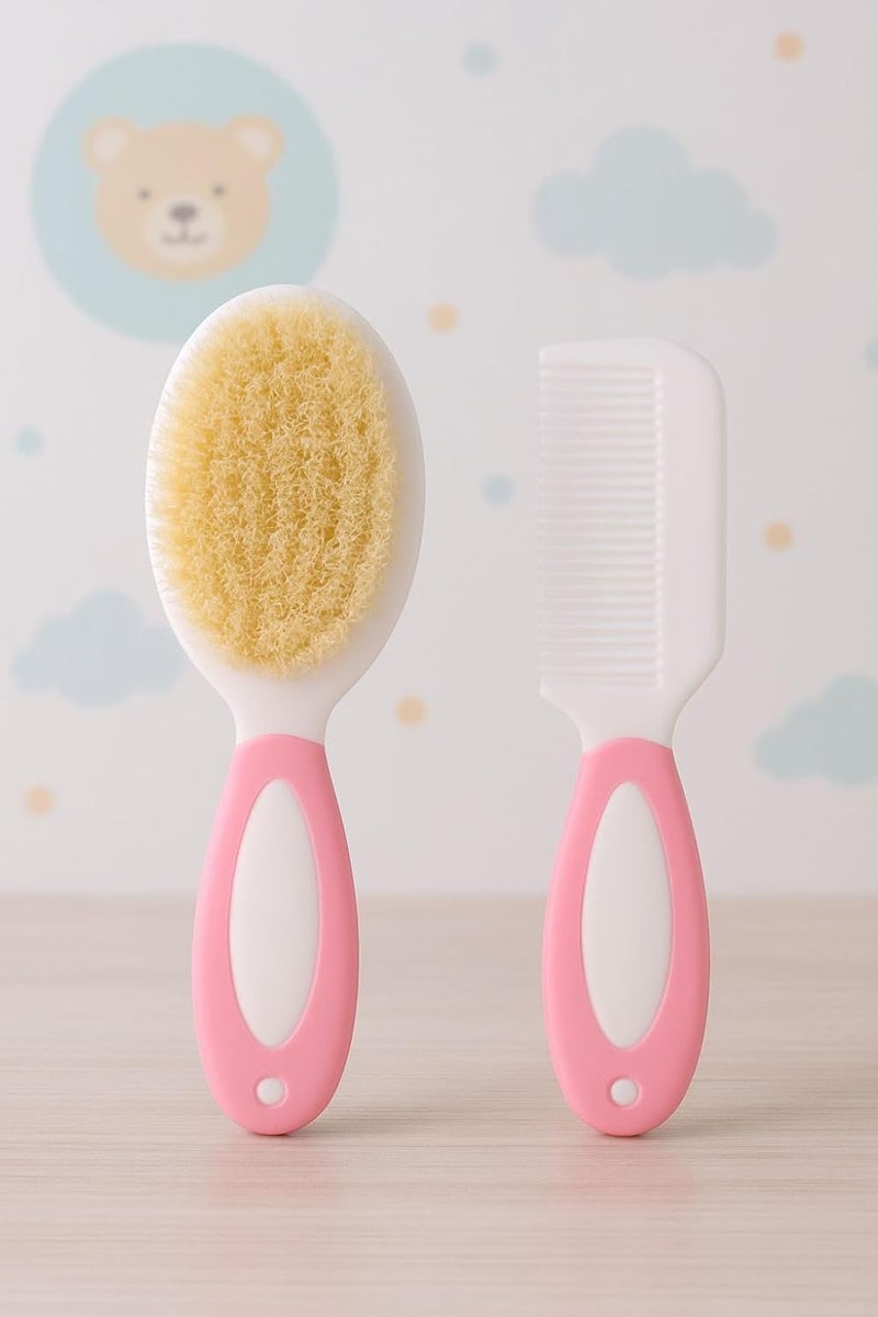 KIDS BASIC Baby Hair Comb & Brush Set | Soft Natural Bristles Brush Spherical Teeth Comb Design for Better Protection| Soft Bristle Brush and Comb Hair Care Set (Pink) - Image 1