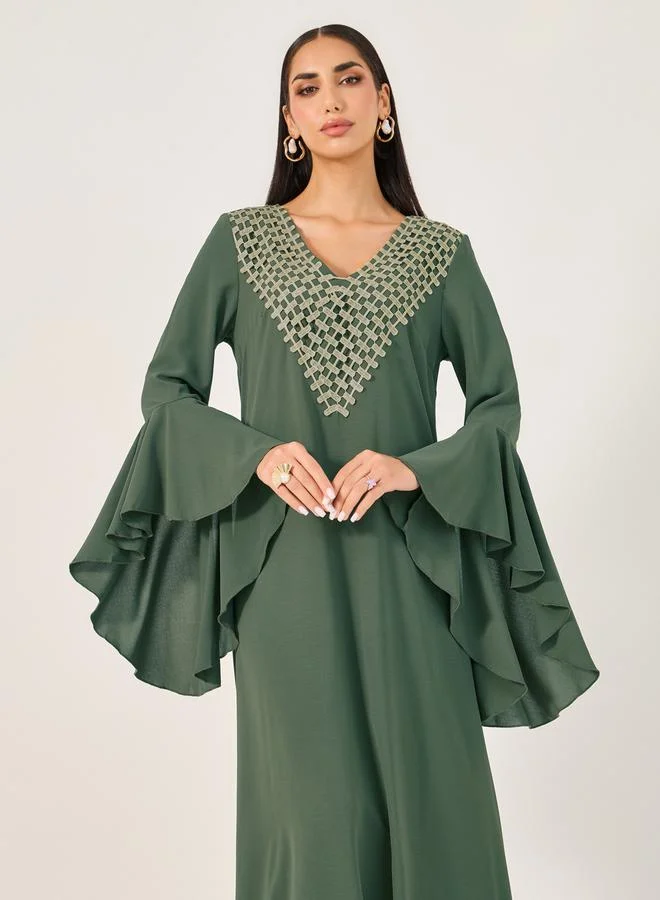 Take Two Embroidered Flare Sleeve Jalabiya Dress by Styli