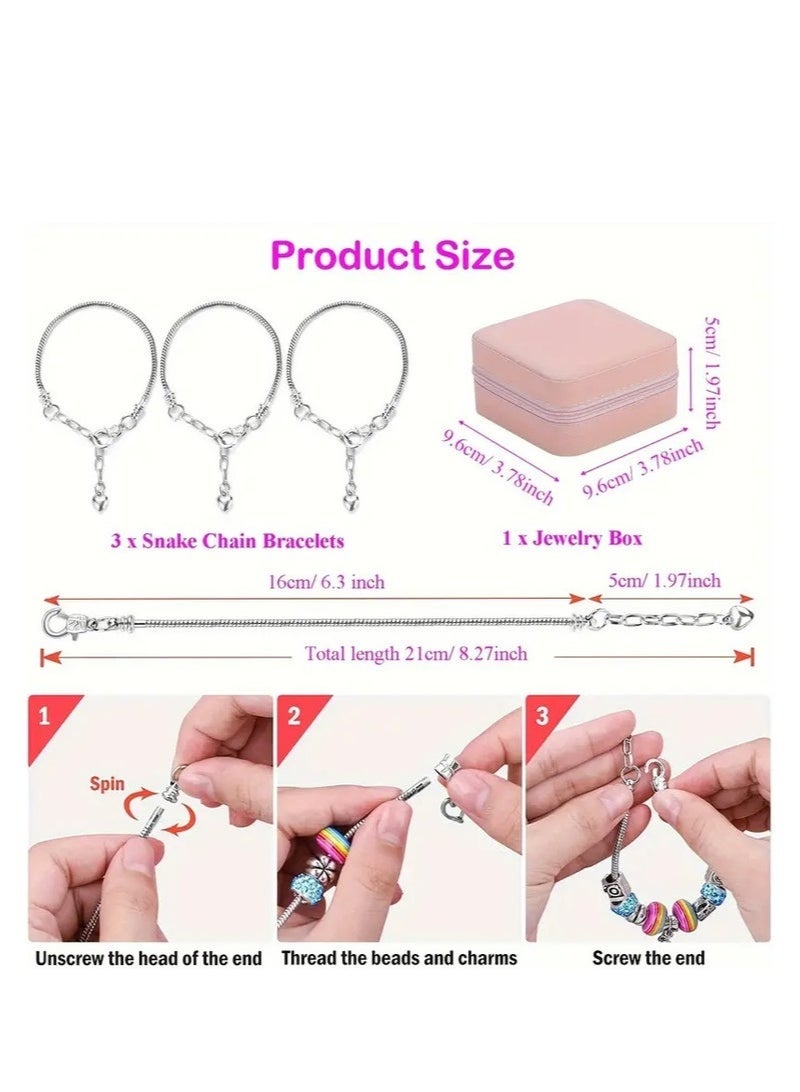 68PCS Charm Bracelet Making Kit for Girls – DIY Jewelry Kit with Snake Chain Bracelets, Charms & Gift Box – Perfect Birthday, Christmas, Ramadan & Eid Gift for Kids Ages 6-12 (Pink) - Image 5
