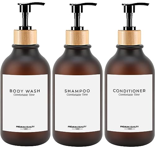 Gails Willing Frosted Heavy Duty Shampoo and Conditioner Bottles, Apothecary Dispenser Bamboo Pump, Refillable Shampoo Bottles for Shampoo Lotion Oil Shower Soap Hand Soap and Dish Soap (Matte Amber) - Image 1