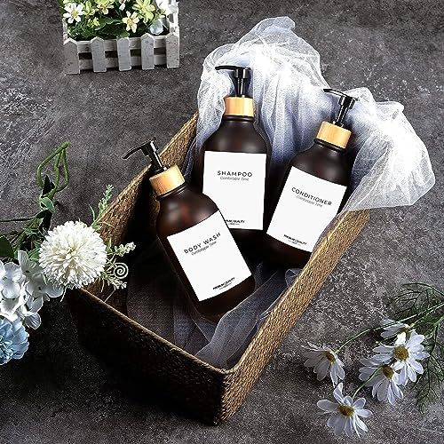 Gails Willing Frosted Heavy Duty Shampoo and Conditioner Bottles, Apothecary Dispenser Bamboo Pump, Refillable Shampoo Bottles for Shampoo Lotion Oil Shower Soap Hand Soap and Dish Soap (Matte Amber) - Image 2