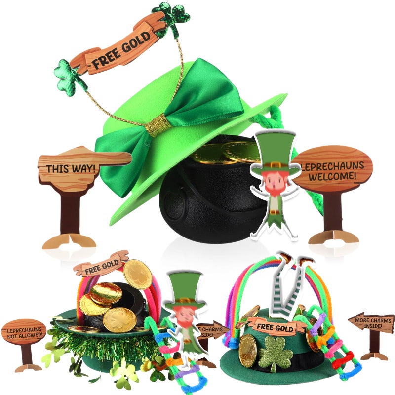 Threan 3 Set St Patrick's Day Leprechaun Trap Kit DIY St Patrick's Day Decorations St Patrick's Day Toys DIY Crafts Activity Leprechaun Trap Supplies with 3 Pcs Leprechaun Hats Catch a Leprechaun Trap - Image 1