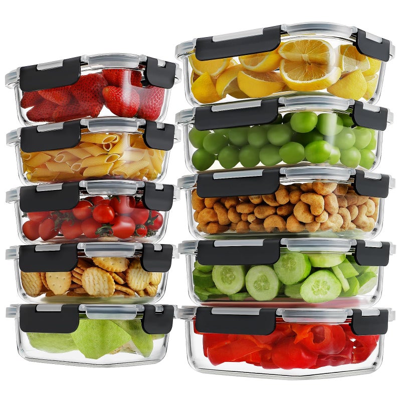 HOMBERKING 10 Pack Borosilicate Glass Meal Prep Containers with Locking Lids, Glass Food Storage Containers Set, Airtight Lunch Bento Boxes, BPA-Free & Leak Proof, 36oz & 14oz, Freezer, Oven Safe - Image 1