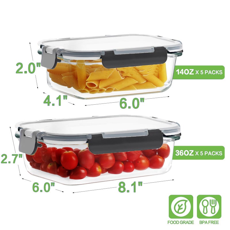 HOMBERKING 10 Pack Borosilicate Glass Meal Prep Containers with Locking Lids, Glass Food Storage Containers Set, Airtight Lunch Bento Boxes, BPA-Free & Leak Proof, 36oz & 14oz, Freezer, Oven Safe - Image 2