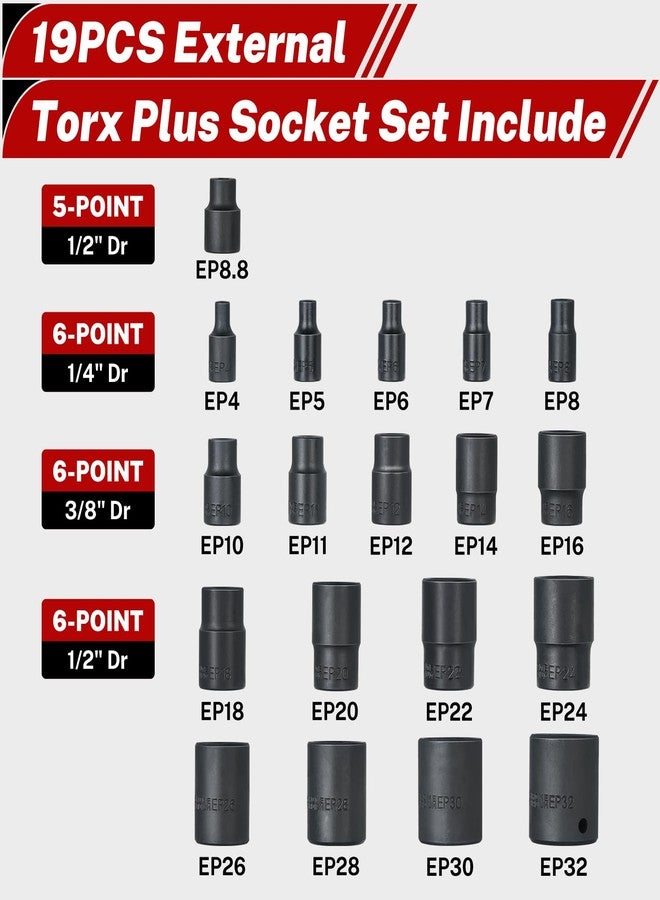 BILITOOLS مجموعة مفاتيح توركس بلس الخارجية من بيليتولز، مفتاح توركس سداسي الرؤوس EP4-EP8، EP10-EP12، EP14، EP16، EP18، EP20، EP22، EP24، EP26، EP28، EP30، EP32 مع مقاسات 1/2 بوصة، 3/8 بوصة، 1/4 بوصة، 19 قطعة مفتاح نجمي خارجي للسيارات - Image 2