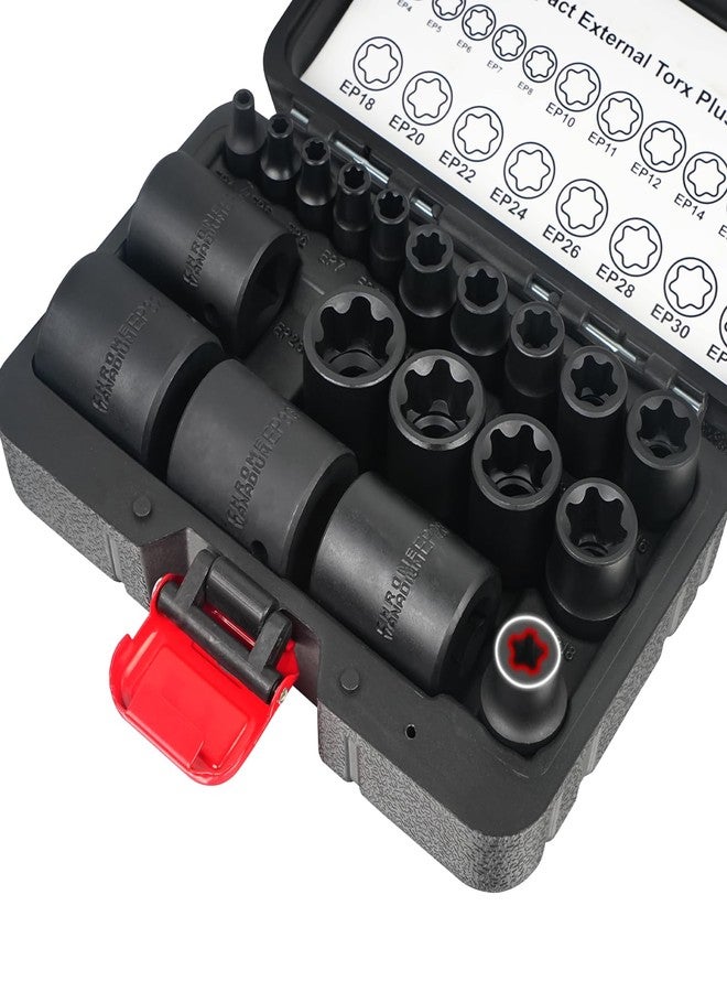 BILITOOLS مجموعة مفاتيح توركس بلس الخارجية من بيليتولز، مفتاح توركس سداسي الرؤوس EP4-EP8، EP10-EP12، EP14، EP16، EP18، EP20، EP22، EP24، EP26، EP28، EP30، EP32 مع مقاسات 1/2 بوصة، 3/8 بوصة، 1/4 بوصة، 19 قطعة مفتاح نجمي خارجي للسيارات - Image 1