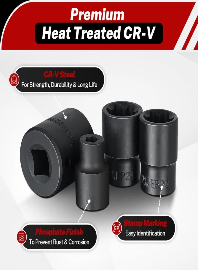 BILITOOLS مجموعة مفاتيح توركس بلس الخارجية من بيليتولز، مفتاح توركس سداسي الرؤوس EP4-EP8، EP10-EP12، EP14، EP16، EP18، EP20، EP22، EP24، EP26، EP28، EP30، EP32 مع مقاسات 1/2 بوصة، 3/8 بوصة، 1/4 بوصة، 19 قطعة مفتاح نجمي خارجي للسيارات - Image 5