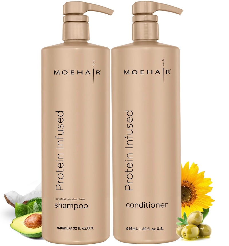 MOEHAIR Protein Infused Shampoo and Conditioner Set for Dry  Damaged Hair  Strengthens Hair Fiber  Sulfate  Paraben Free  Adds Shine Softens  Hydrates Hair 32 Fl Oz