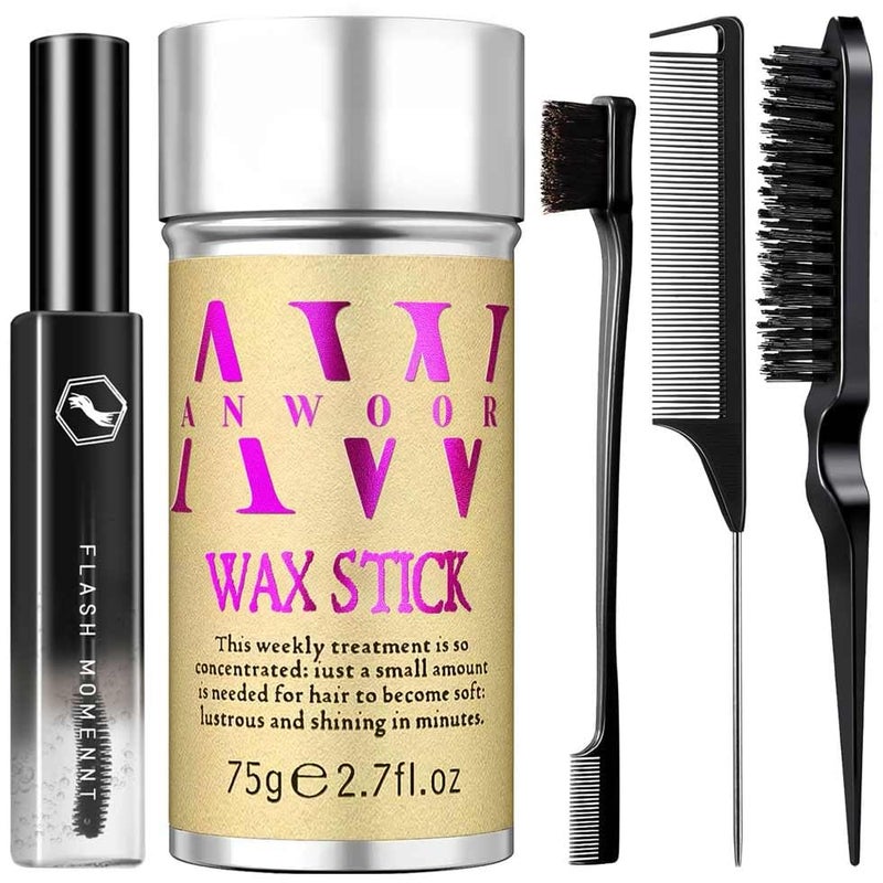 ANWOOR 5pcs Hair Styling Kit: Non-Greasy Hair Wax Stick, Flyaway Finishing Stick & 3pcs Slick Back Hair Brushes - Flyaways Control, Smooths Frizz & Defines Edges - Styling Accessories for Women, Kids & Men - Image 1