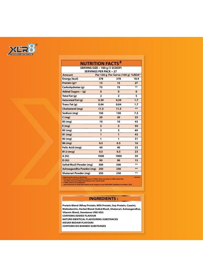 XLR8 Rapid Gains Xxl High Protein And High Calorie Formula For Mass And Weight Gain With Performance Boosting Ayurvedic Herbs And Essential Vitamins, Four Protein Source- (Kesar Badam - 6 Lbs.) - Image 2