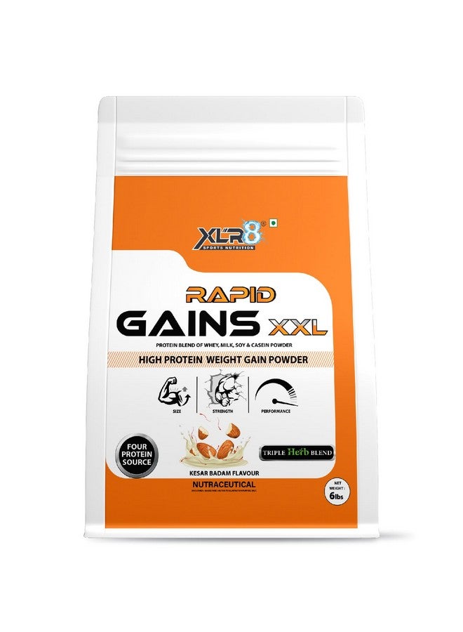 XLR8 Rapid Gains Xxl High Protein And High Calorie Formula For Mass And Weight Gain With Performance Boosting Ayurvedic Herbs And Essential Vitamins, Four Protein Source- (Kesar Badam - 6 Lbs.) - Image 1