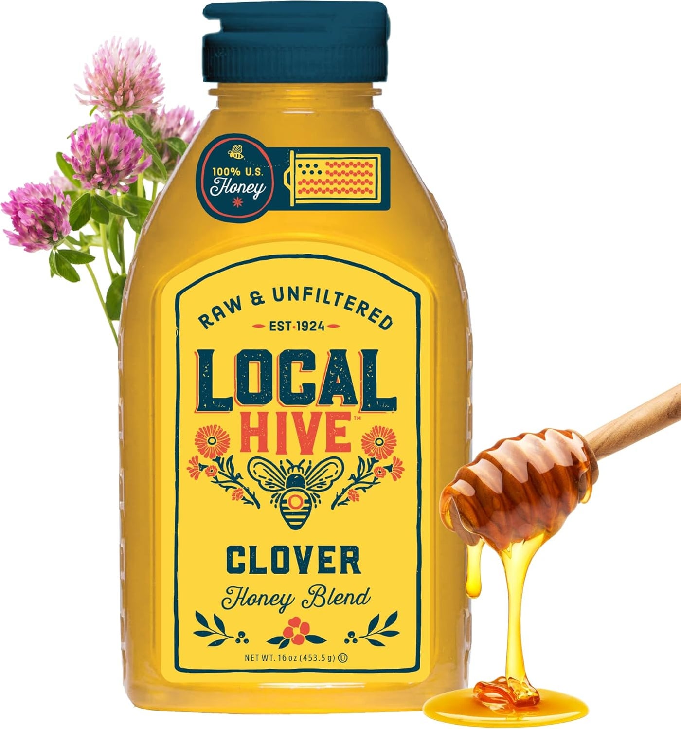 Local Hive Clover Raw Unfiltered Honey - 16 oz, 100% Pure US Honey, Sourced from American Bees and Beekeepers - Natural Sweetener, Ideal for Tea, Baking, and Cooking