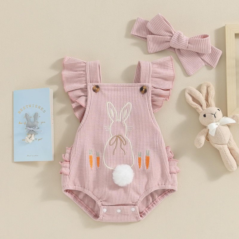 Lucikamy Newborn Baby Girl Boy Easter Romper Sleeveless Backless Cartoon Rabbit Button Bodysuit Jumpsuit Outfits (Pink bunny, 3-6 Months) - Image 2