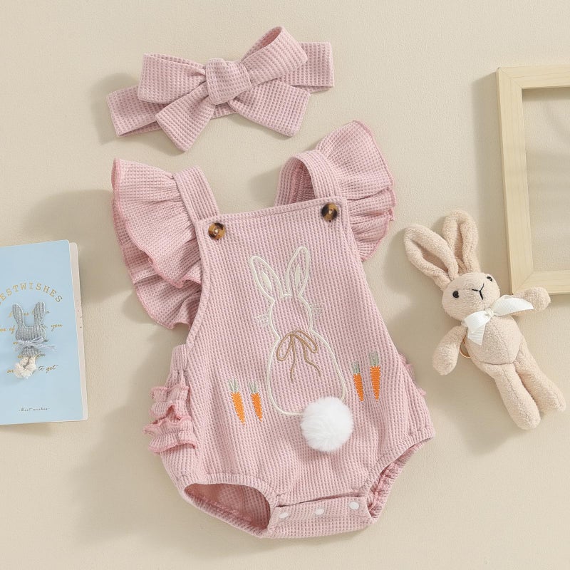 Lucikamy Newborn Baby Girl Boy Easter Romper Sleeveless Backless Cartoon Rabbit Button Bodysuit Jumpsuit Outfits (Pink bunny, 3-6 Months) - Image 3