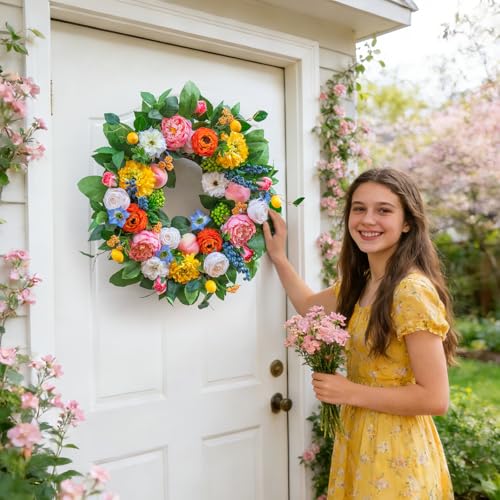 Pinkpuii Spring Wreaths for Front Door 24 Inch Vibrant Spring Summer Wreath with Peonies,Roses,Marigolds,Blueberries & Realistic Fruit Accents (Peach, Lemon)- Ideal for Porch,Entryway,Wall,Window - Image 2