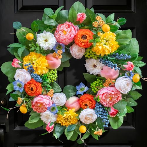 Pinkpuii Spring Wreaths for Front Door 24 Inch Vibrant Spring Summer Wreath with Peonies,Roses,Marigolds,Blueberries & Realistic Fruit Accents (Peach, Lemon)- Ideal for Porch,Entryway,Wall,Window - Image 1
