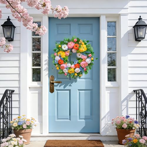 Pinkpuii Spring Wreaths for Front Door 24 Inch Vibrant Spring Summer Wreath with Peonies,Roses,Marigolds,Blueberries & Realistic Fruit Accents (Peach, Lemon)- Ideal for Porch,Entryway,Wall,Window - Image 4