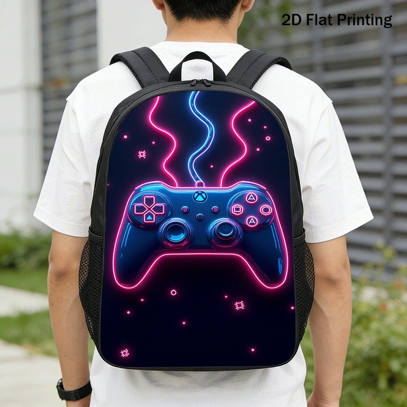 Fashion neon game controller Backpack Durable Multi Pocket 2D Flat Print for gaming sessions casual meetups weekend getaways for Unisex - Image 1