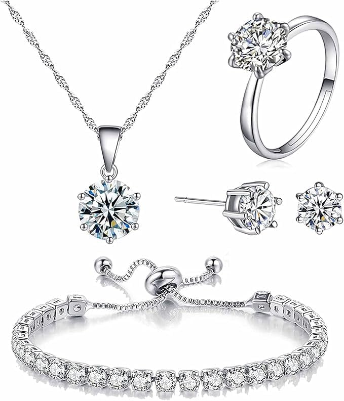 LinJie 5-Piece 6Claw Zircon Jewelry Set - Pendant, Necklace, Earrings, Ring, Bracelet for Women and Girls - Image 1