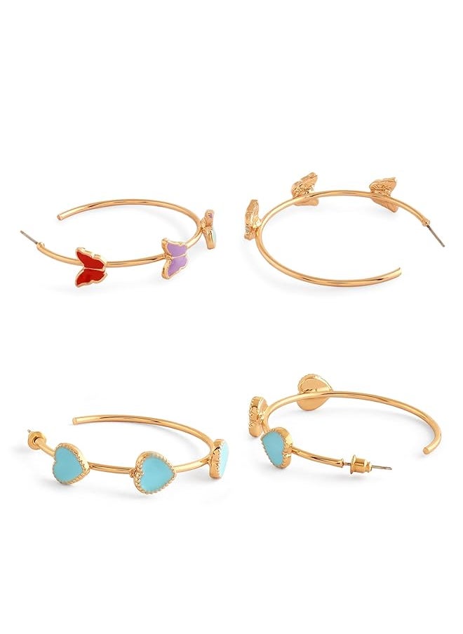 erorex - Set Of 2 Multicolor Butterflies And Hearts Enamel Contemporary Semi Hoop Studs Earrings For Women Zpfk17962 - Image 1