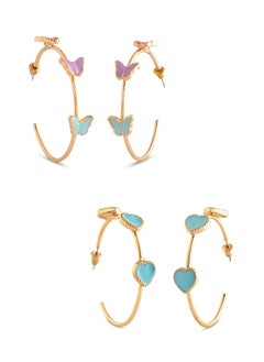 Set Of 2 Multicolor Butterflies And Hearts Enamel Contemporary Semi Hoop Studs Earrings For Women Zpfk17962