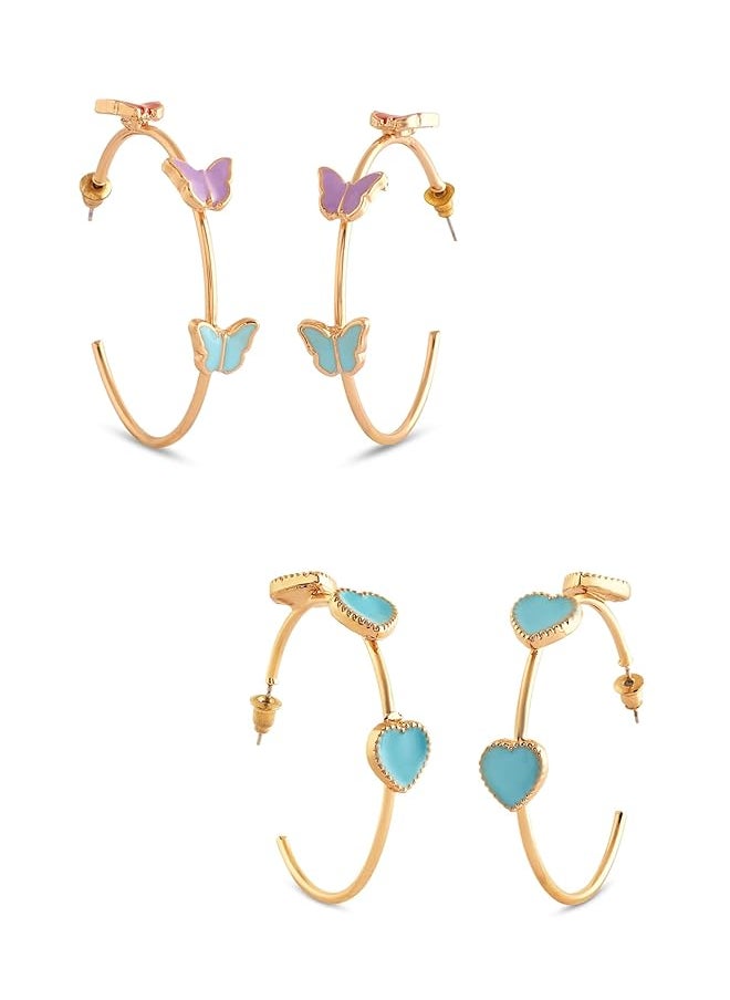 erorex - Set Of 2 Multicolor Butterflies And Hearts Enamel Contemporary Semi Hoop Studs Earrings For Women Zpfk17962 - Image 1