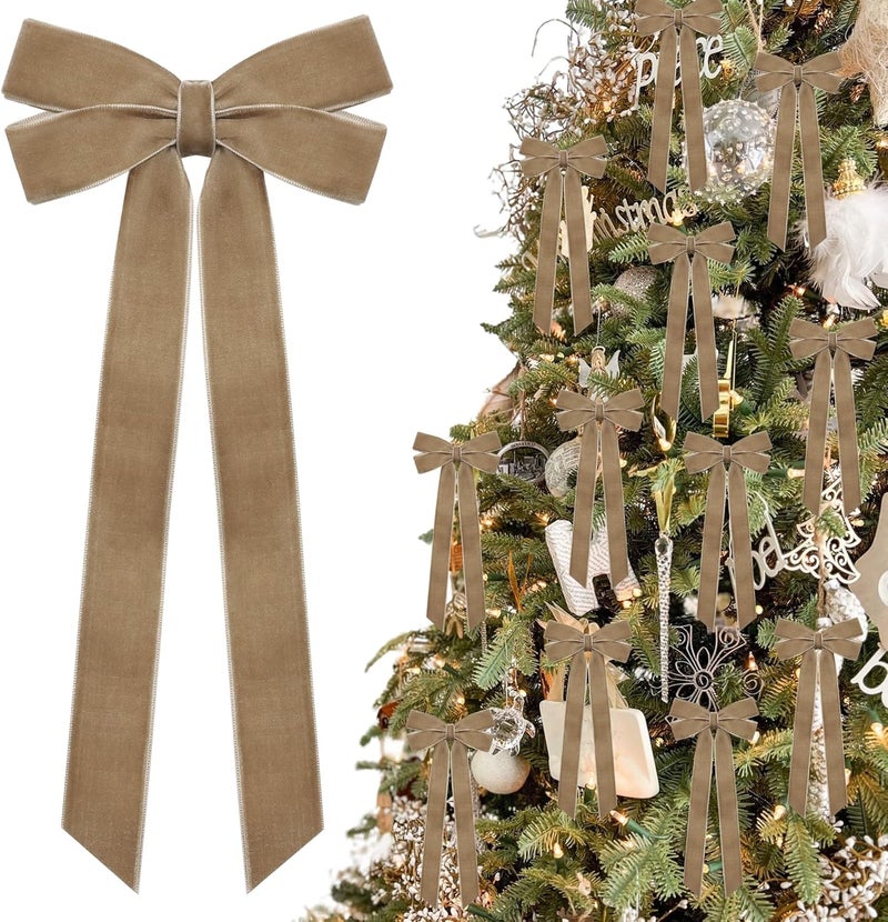 Hongsome 12Pcs Neutral Velvet Ribbon Bows Christmas Tree Decorations,5in x 10in Vintage Xmas Ornaments for Tree Home Party Front Door Wreath Garland Holiday Decor - Image 1