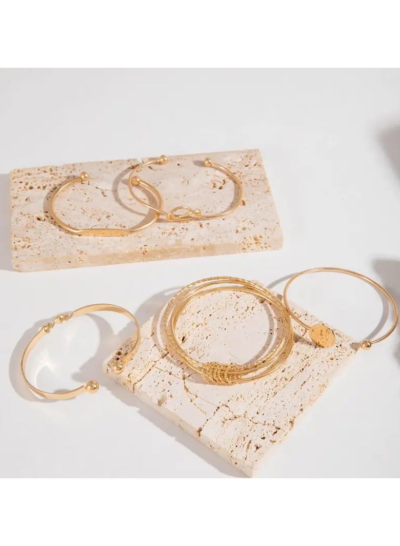 Goolsky طقم أساور 5 قطع، أساور دائرية لامعة من سبائك معدنية بتصميم هندسي بسيط، طقم أساور مفتوحة عصرية معقودة للنساء - Image 4