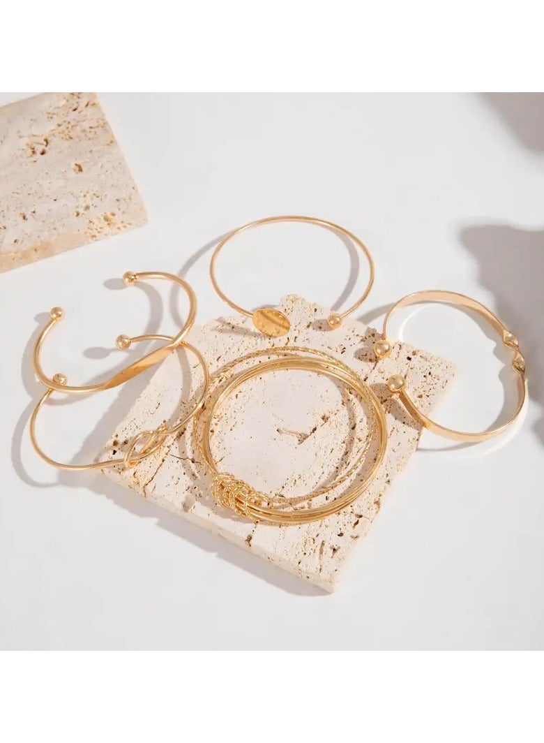 Goolsky طقم أساور 5 قطع، أساور دائرية لامعة من سبائك معدنية بتصميم هندسي بسيط، طقم أساور مفتوحة عصرية معقودة للنساء - Image 2