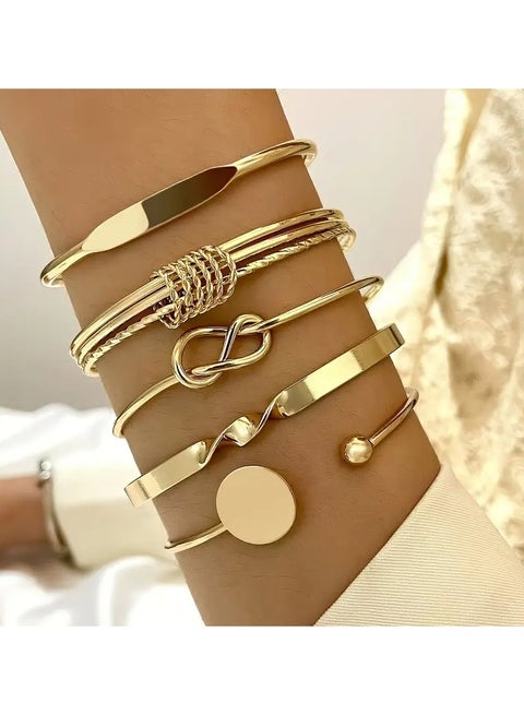 5pcs/set Bangle, Minimalist Geometric Round Glossy Alloy Bangle Bracelet, Retro Trendy Knotted Open Cuff Bangle Set For Women