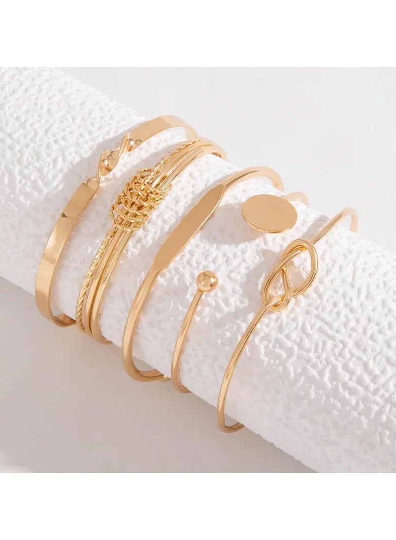 Goolsky طقم أساور 5 قطع، أساور دائرية لامعة من سبائك معدنية بتصميم هندسي بسيط، طقم أساور مفتوحة عصرية معقودة للنساء - Image 3