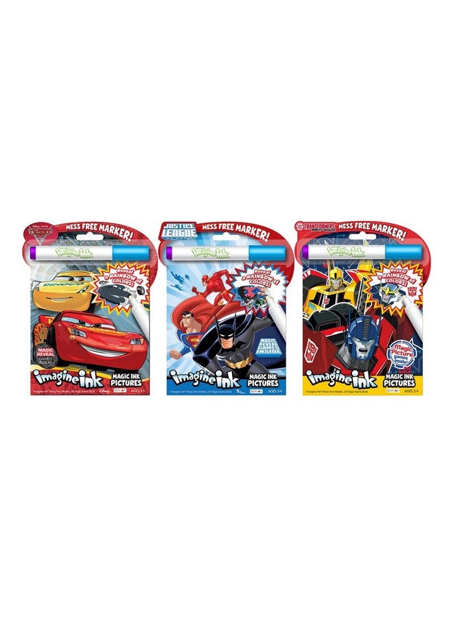 Bendon Bundle Of 3 Imagine Ink Magic Pictures Activity Books Cars 3 Justice League And Transformers: Robots In Disguise - Image 1