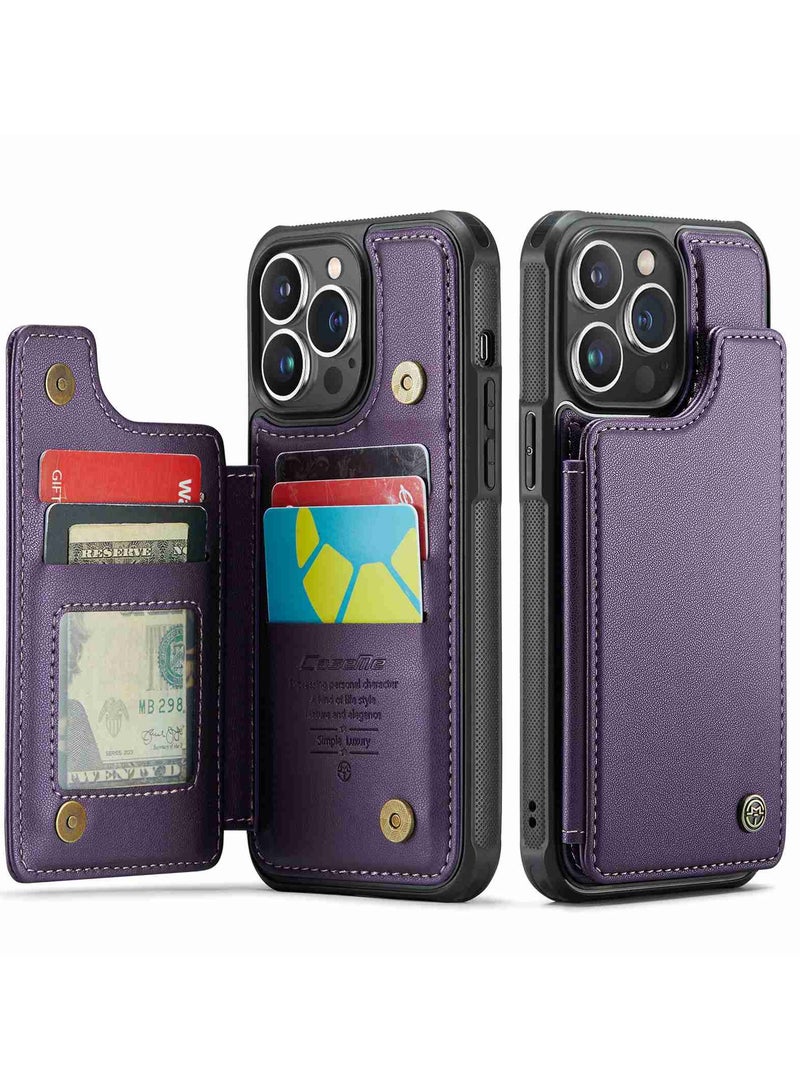 CaseMe Wallet Case for iPhone 14 Pro Max, Premium Handmade Durable PU Leather Slim Shockproof Case with [Double Magnetic Clasp] [Card Holder] [Kickstand] [RFID Blocking] (Purple) - Image 2