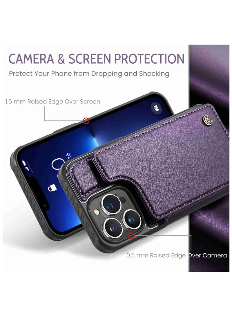 CaseMe Wallet Case for iPhone 14 Pro Max, Premium Handmade Durable PU Leather Slim Shockproof Case with [Double Magnetic Clasp] [Card Holder] [Kickstand] [RFID Blocking] (Purple) - Image 3