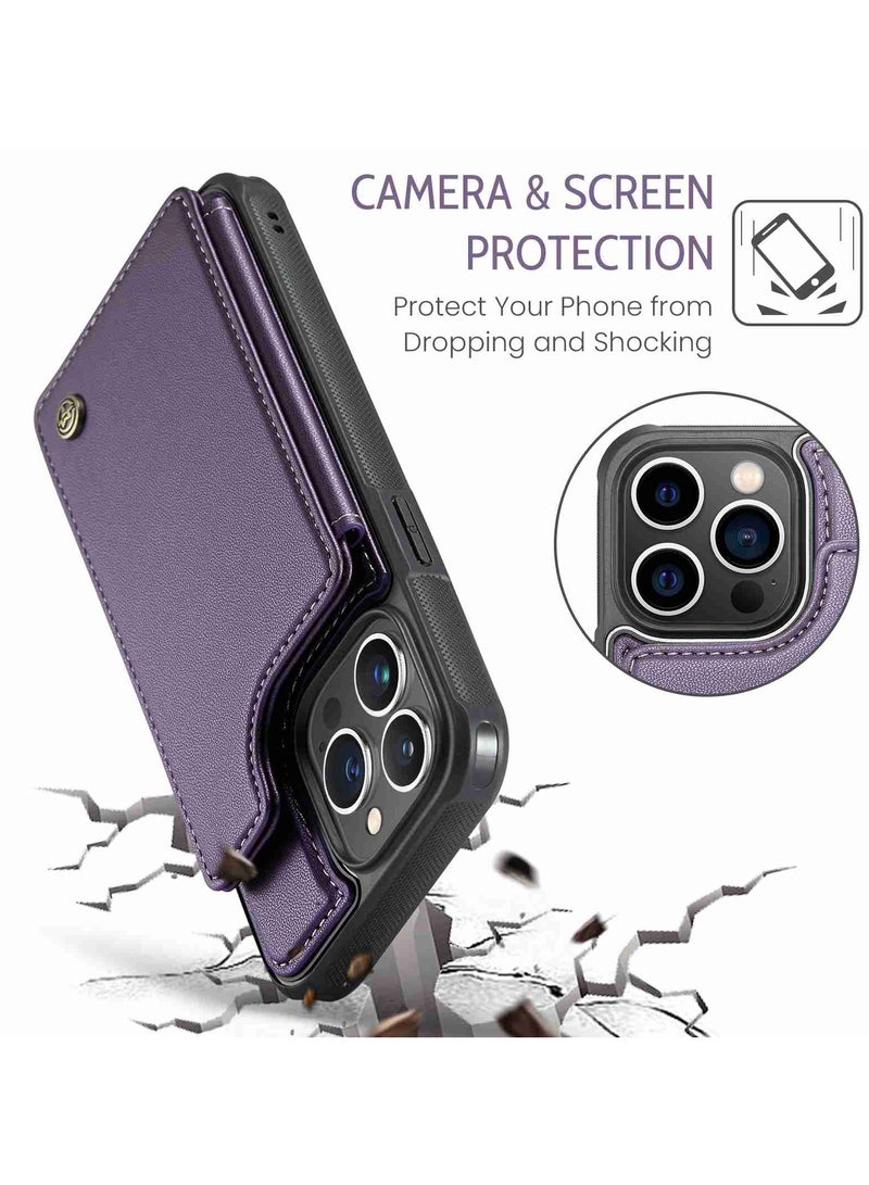 CaseMe Wallet Case for iPhone 14 Pro Max, Premium Handmade Durable PU Leather Slim Shockproof Case with [Double Magnetic Clasp] [Card Holder] [Kickstand] [RFID Blocking] (Purple) - Image 5